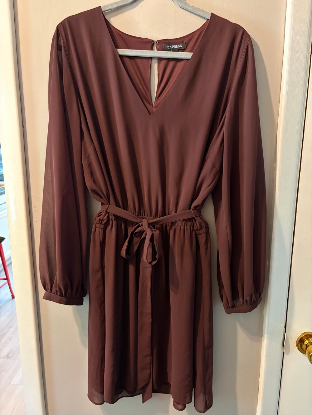 Express Plum Long-Sleeve Belted V-Neck Dress